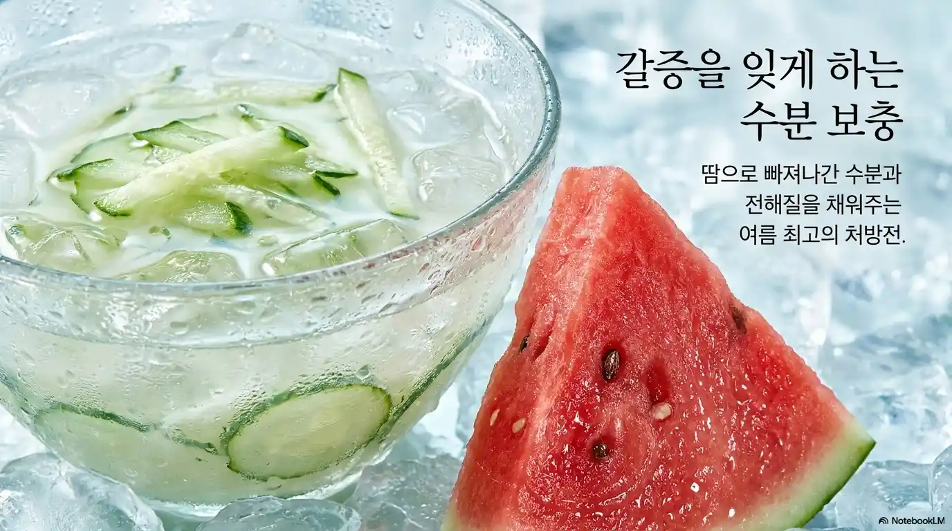 대서 수분 보충에 좋은 오이냉국과 수박 이미지