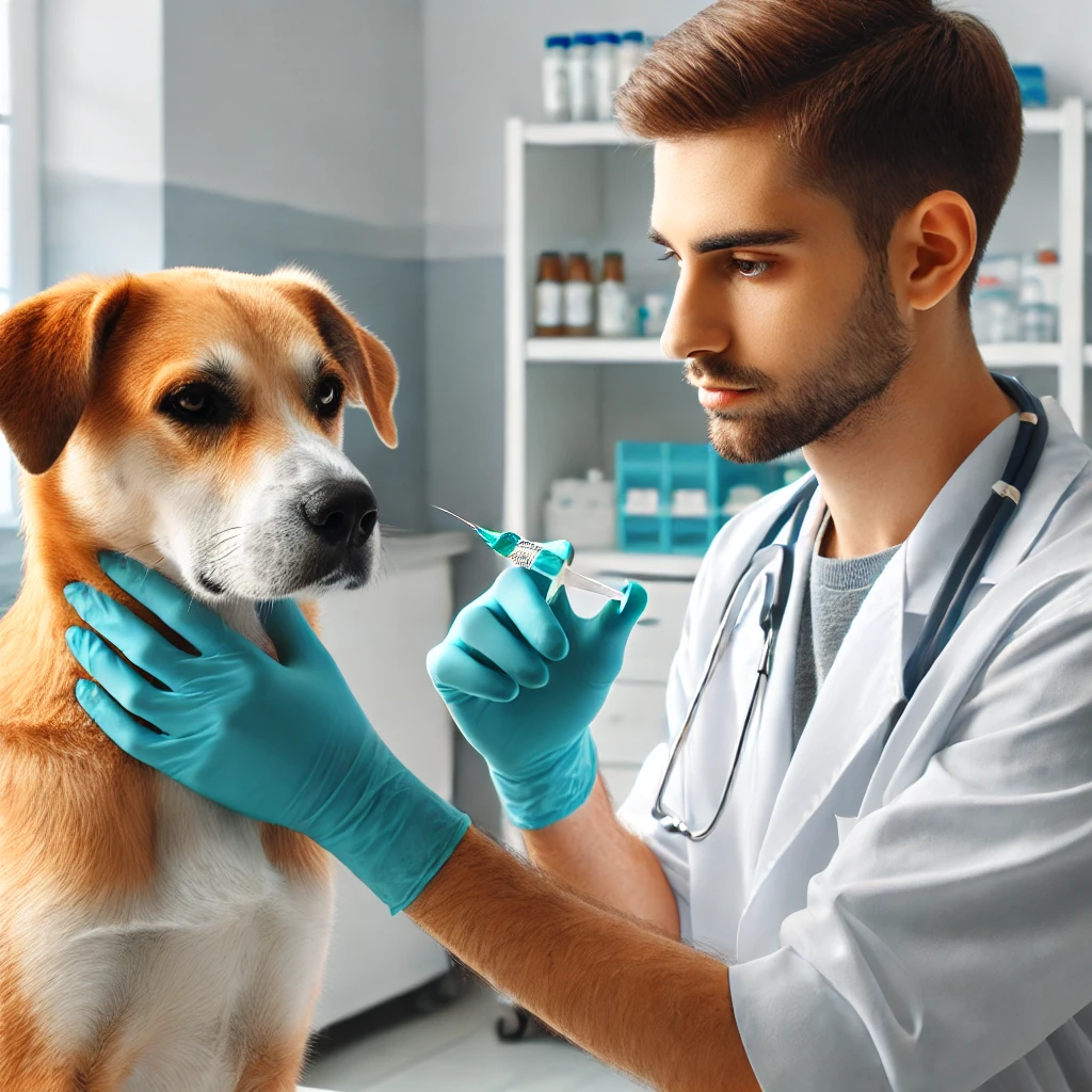 수의사가 강아지에게 렙토스피라증 예방 백신을 접종하는 모습