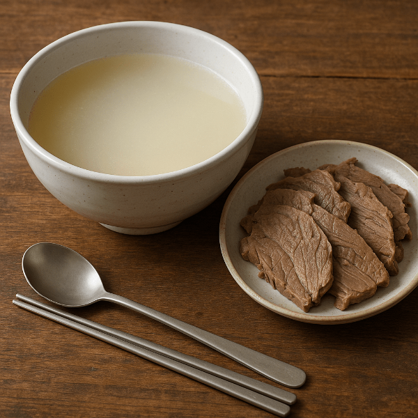 소뼈로 끓인 육수인 본브로스가 담긴 건강한 식단