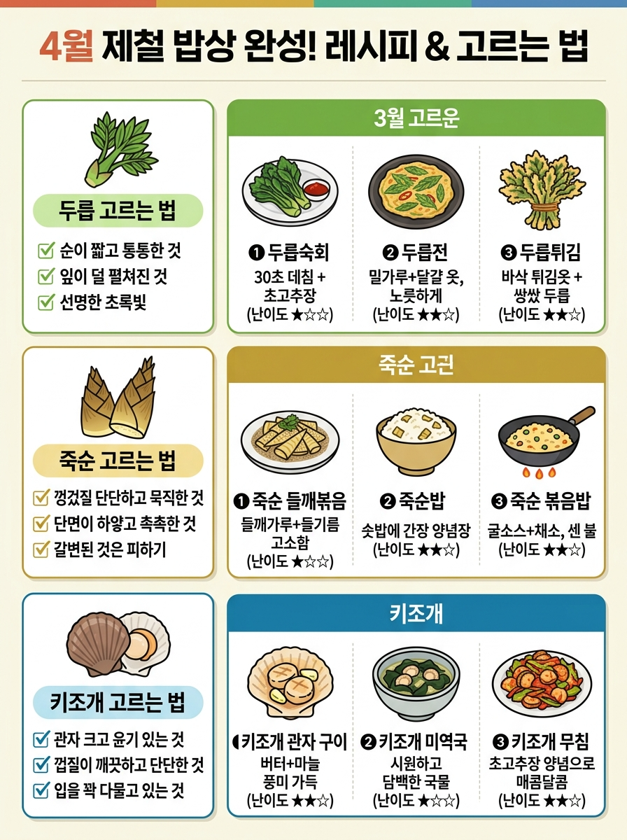4월 제철 음식 두릅 죽순 키조개 추천 레시피 및 고르는 법 인포그래픽 &mdash; 두릅숙회 두릅전 두릅튀김, 죽순 들깨볶음 죽순밥 죽순볶음밥, 관자 버터구이 키조개 회 키조개 미역국 레시피와 신선 식재료 선별 팁, 한끼 밥상 조합 제안