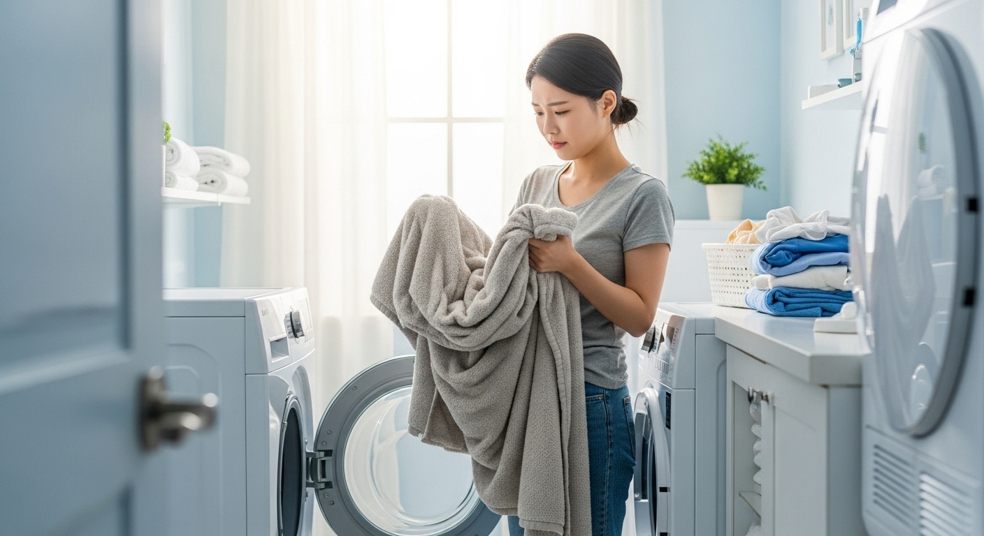 극세사 이불 세탁 후 빳빳해진 것을 안타까운 표정으로 바라보는 여성