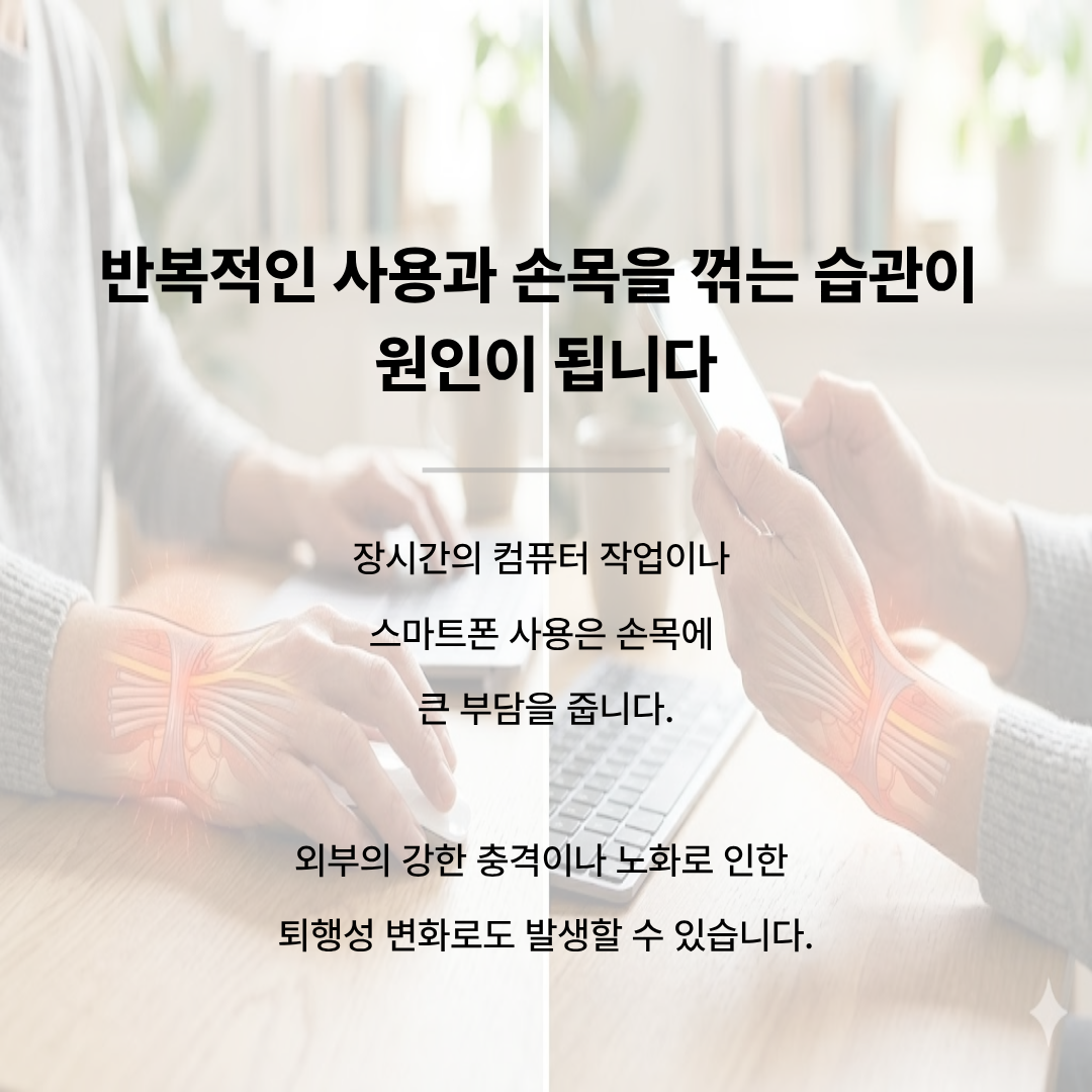 컴퓨터와 스마트폰 사용 이미지를 배경으로 손목 신경 압박 그래픽이 겹쳐짐. '반복적인 사용과 손목을 꺾는 습관이 원인이 됩니다. 장시간 컴퓨터 작업, 스마트폰 사용, 퇴행성 변화 등으로 발생할 수 있습니다'라는 문구.