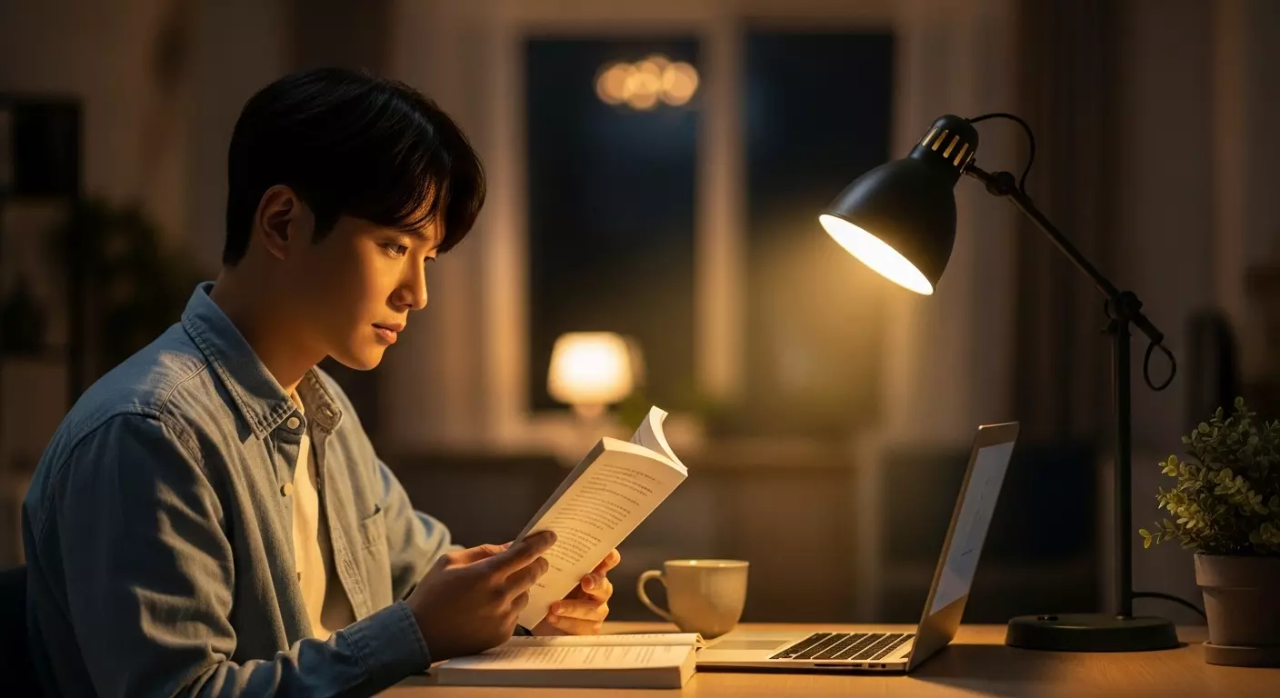 실내에서 독서하고 있는 이미지