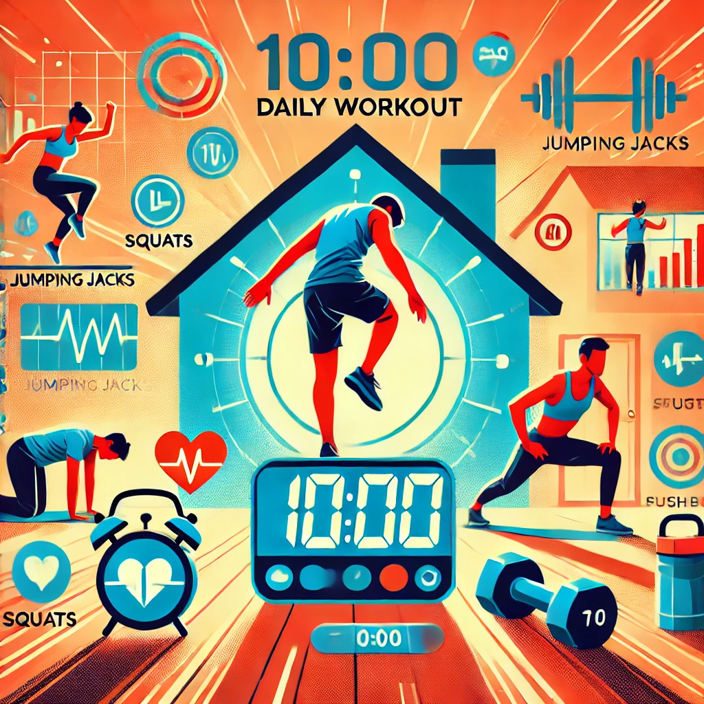 매일 10분 운동 관련 이미지,
10분 운동 루틴(점핑잭, 스쿼트, 푸쉬업 등)을 시각적으로 표현한 에너제틱한 일러스트