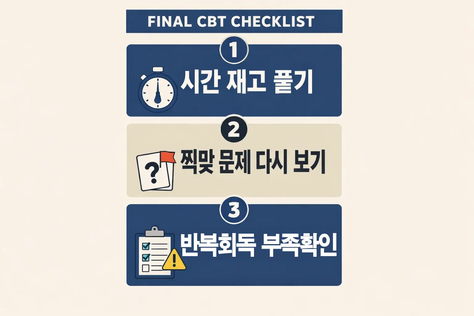 컴퓨터활용능력 2급 CBT 시험 전 시간 재고 풀기와 찍맞 문제 다시 보기 반복 회독 부족 확인을 점검하도록 정리한 이미지