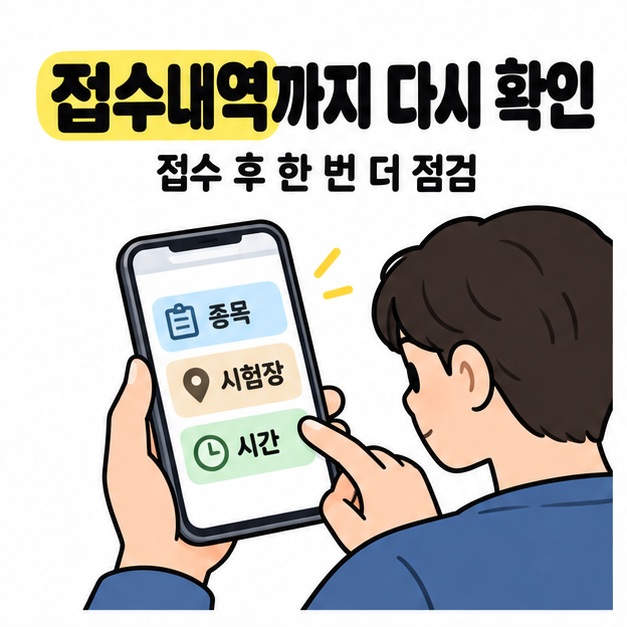 수험자가 스마트폰 접수내역에서 종목과 시험장, 시간을 다시 확인하는 모습