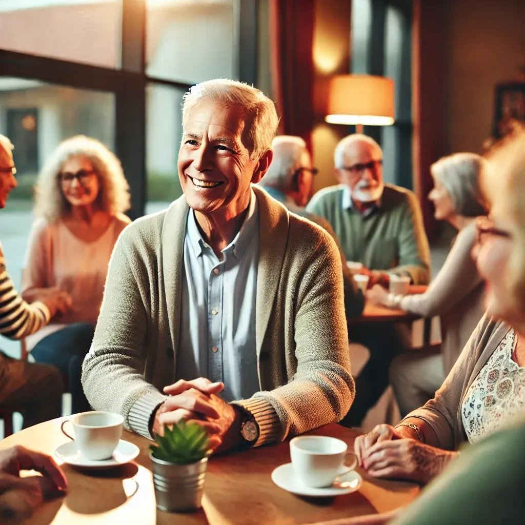 사회적 모임에서 다른 사람들과 웃으며 대화하는 노인의 모습. 따뜻하고 활기찬 분위기의 테이블에서 사람들과 함께하고 있다.