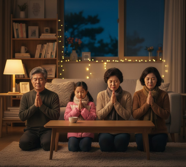 가족들이 함께 모여 기도하는 모습