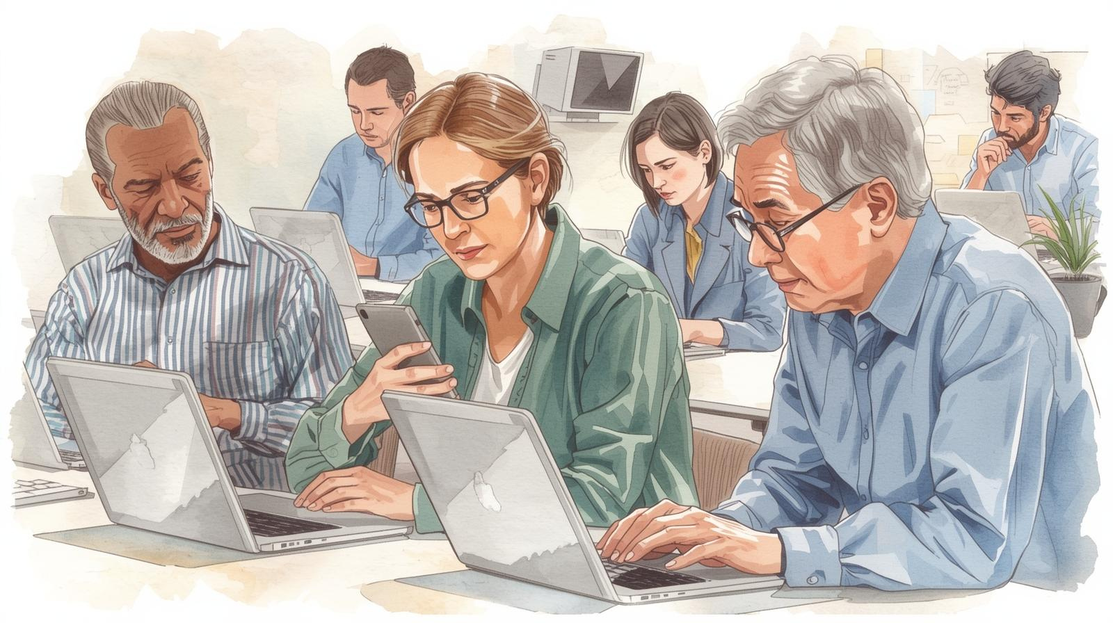 중장년층이 AI 관련 교육을 받거나, 노트북/태블릿으로 AI 도구를 활용하는 모습