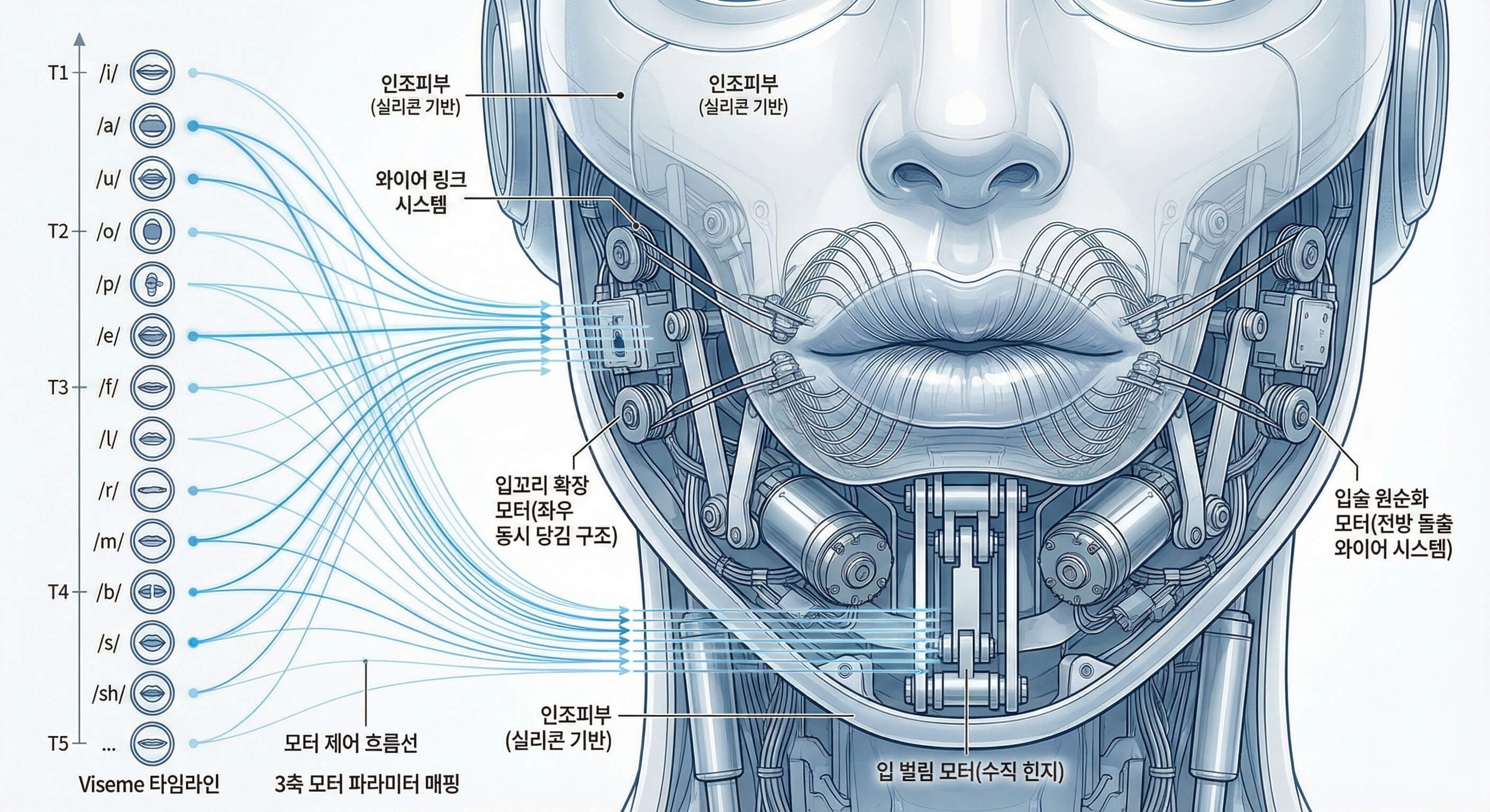 휴머노이드 얼굴의 입 모양 생성 메커니즘: Viseme 15~20개 매핑과 모터 3개 최소 구조