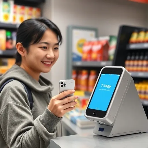 편의점 카운터에서 고객이 아이폰을 NFC 단말기에 대고 결제하는 모습을 보여줍니다. 단말기 화면에는 티머니 결제 완료 메시지가 표시되고, 고객은 만족스러운 표정을 짓고 있습니다. 빠르고 편리한 결제 경험을 강조합니다.