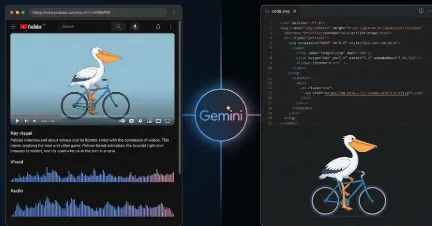 YouTube 영상 분석과 SVG 애니메이션 생성 기능을 동시에 보여주는 분할 화면 인터페이스. 왼쪽에는 영상 URL 입력 및 분석 결과가, 오른쪽에는 펠리컨이 자전거를 타는 SVG 코드와 애니메이션이 렌더링되어 제미나이 3.1 Pro의 멀티모달 활용법을 시각적으로 표현함.
