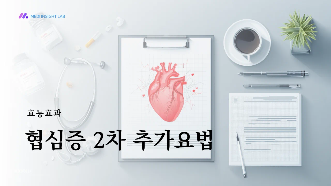 심장 건강을 상징하는 의료 일러스트 느낌의 사실적인 사진, 심장 모형과 청진기, 병원 진료 차트, 협심증 관련 약물 설명 이미지, 차분하고 전문적인 분위기