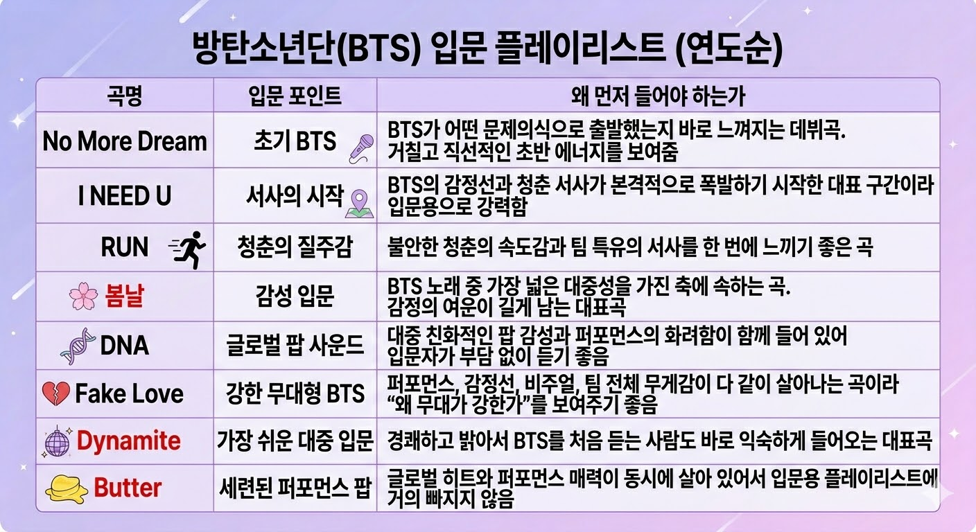 BTS 음악 입문 가이드 요약표 이미지