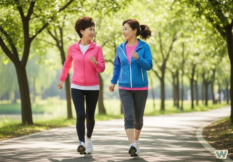 40대 50대 중년 여성들이 공원에서 함께 조깅하며 갱년기 건강관리를 위한 유산소 운동을 하고 있는 모습 via Gemini