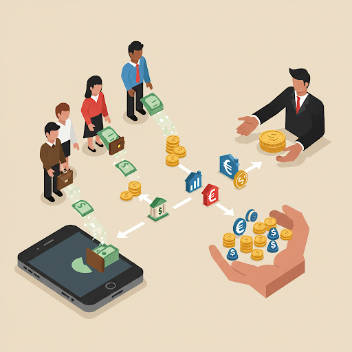 여러 사람 돈이 모여 펀드매니저에게 가서 투자하는 모습