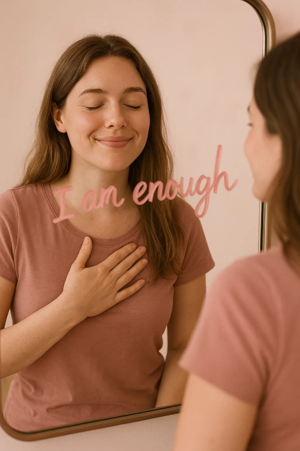 긍정 확언을 하거나 거울을 보며 자신에게 지지적인 말을 건네는 사람의 모습