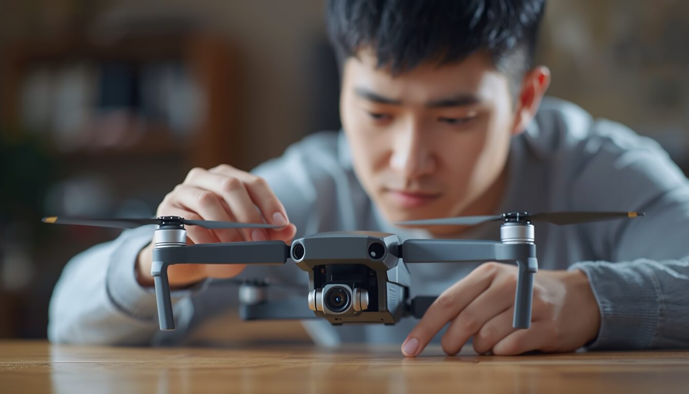 중고 드론의 외관과 짐벌 상태를 꼼꼼히 점검하는 남성