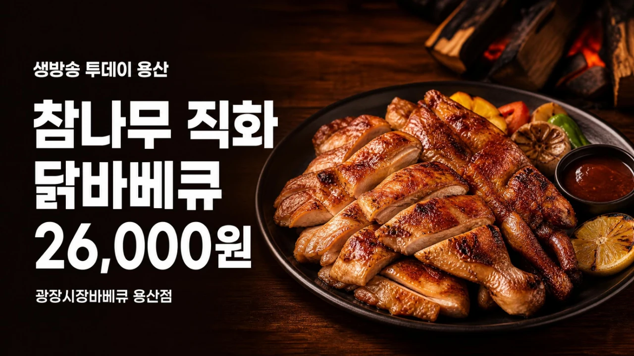 생방송 투데이 광장시장바베큐 용산점의 참나무 직화 닭바베큐를 소개하는 이미지