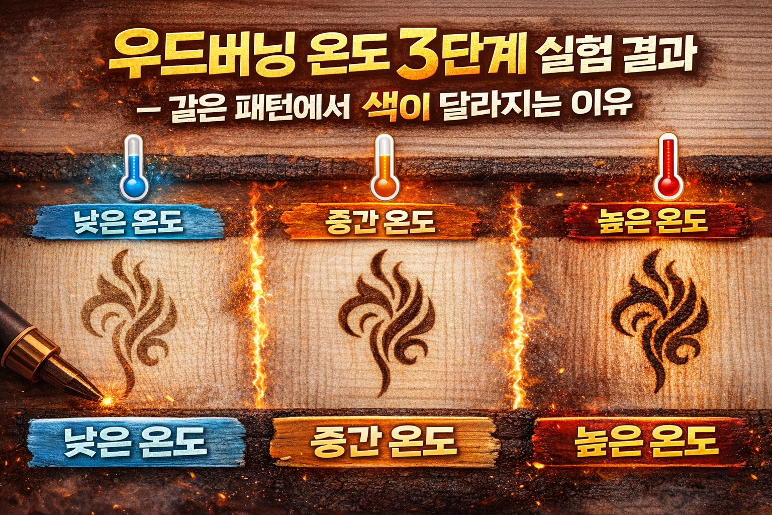 우드버닝 온도 3단계 실험 결과&ndash; 같은 패턴에서 색이 달라지는 이유
