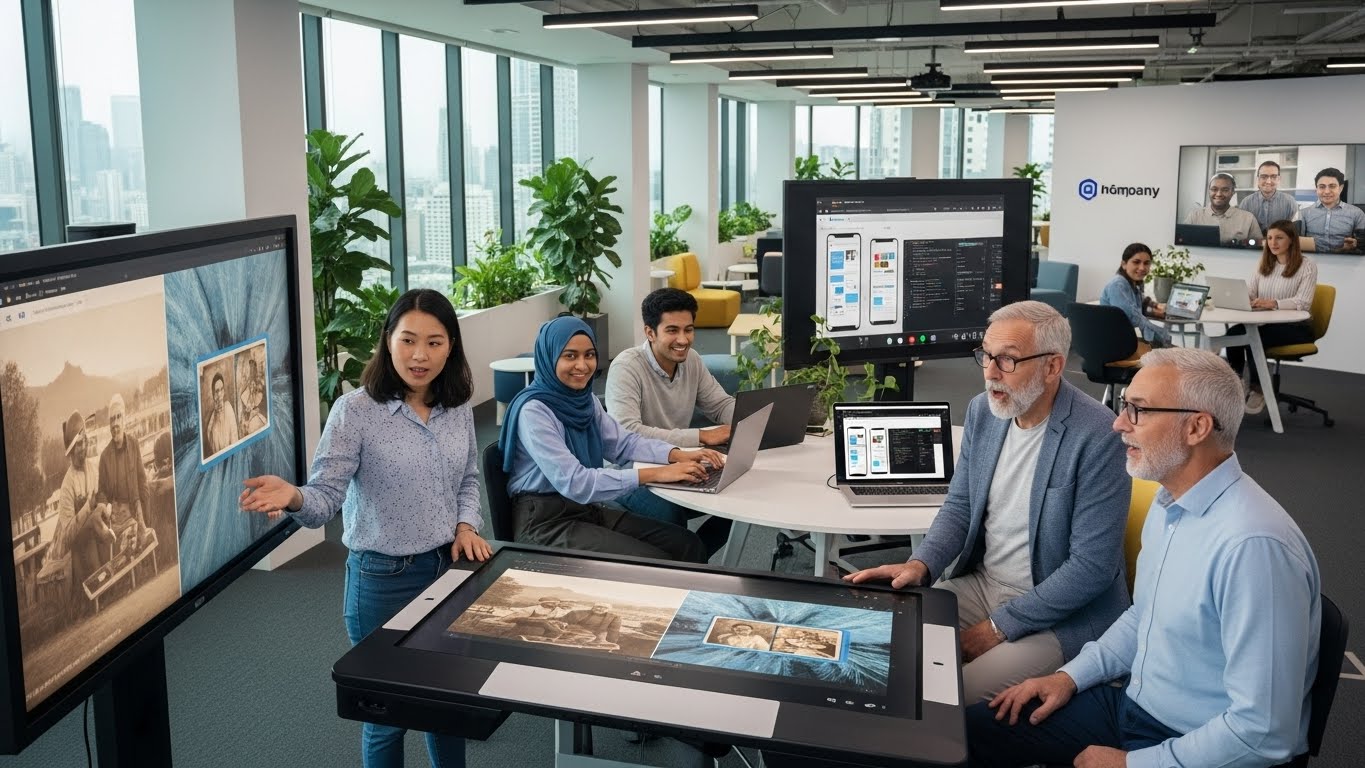 기업 임직원들이 기술을 활용하여 사회 공헌 활동을 하는 모습. AI로 어르신 사진을 복원하거나, 지역 사회 앱을 개발하는 등의 혁신적인 봉사 장면입니다.