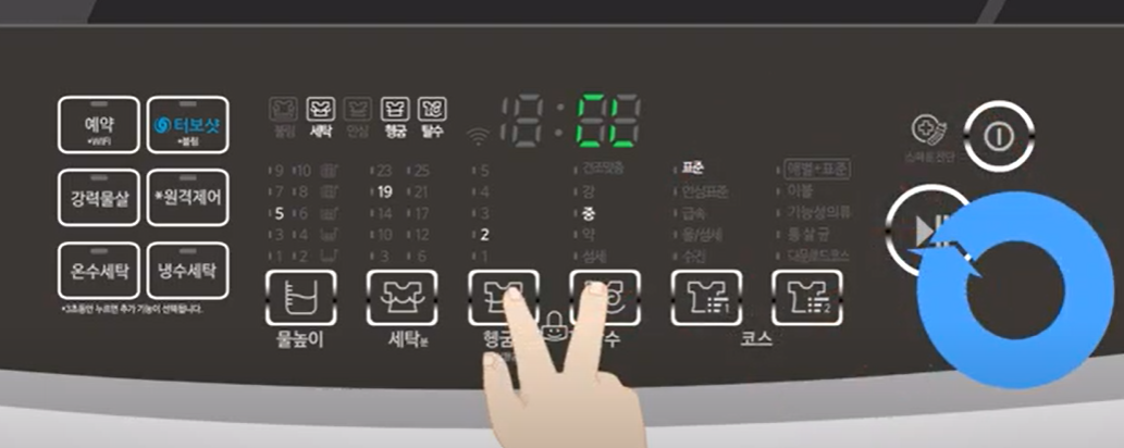 헹굼과 탈수 버튼 사이에 자물쇠 그림이 있는 경우 문잠김 해제방법