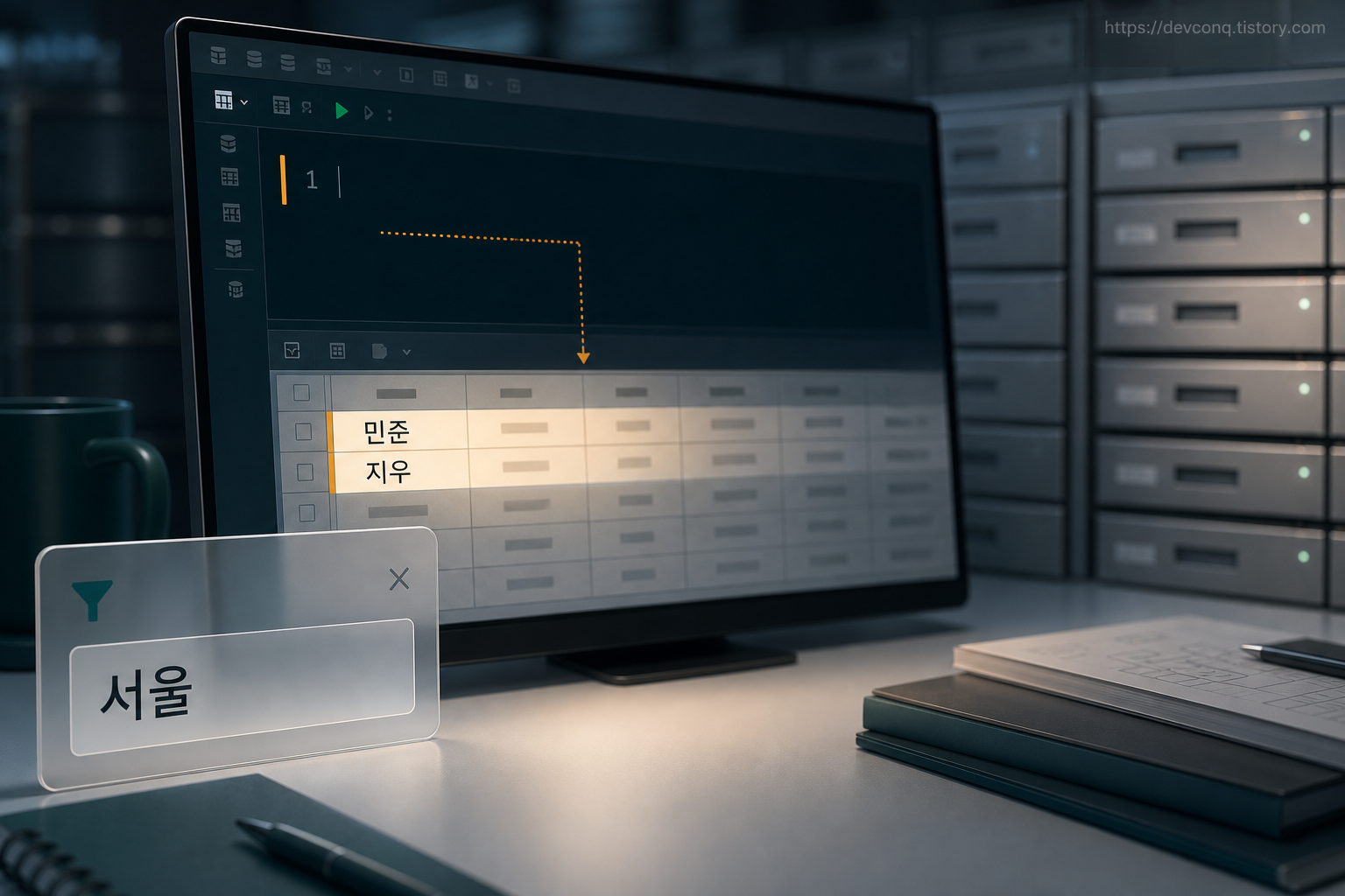 WHERE 조건으로 서울 학생 두 명만 남은 SQL 결과 화면