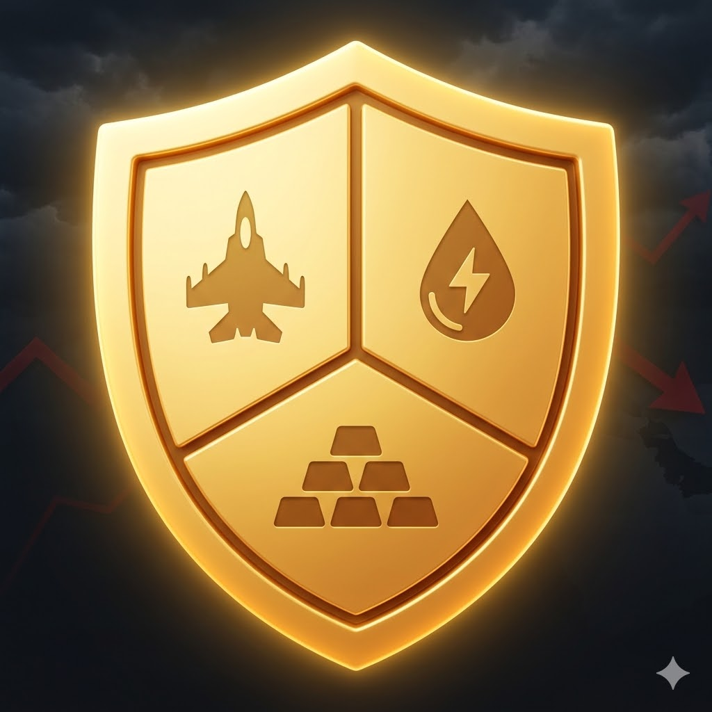 거친 바다 위에서 황금 방패가 쏟아지는 화살을 막아내며 자산을 지키는 상징적 일러스트
