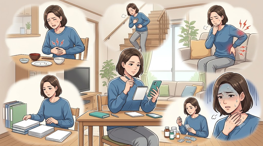 진료 받기 전 환자가 최근 발생한 명치 통증 상황, 복용 약물, 병력을 정리하는 일러스트