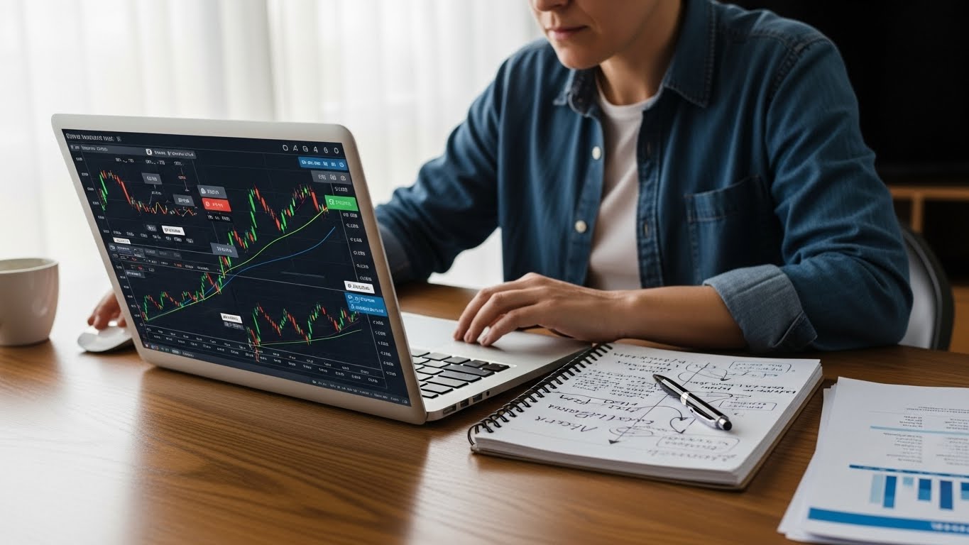 펀드와 ETF 차트가 보이는 노트북 앞에서 투자 계획을 세우는 사람 이미지