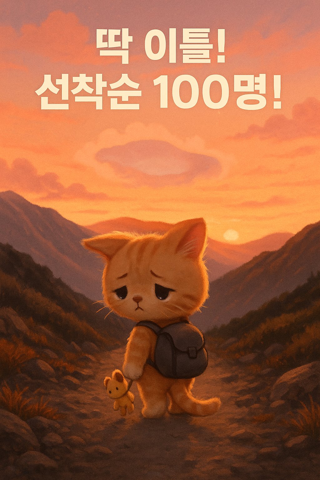 오렌지색 고양이 캐릭터가 슬쩍 웃으며 '딱 이틀! 선착순 100명!' 문구가 적힌 안내 배너를 보여주는 일러스트