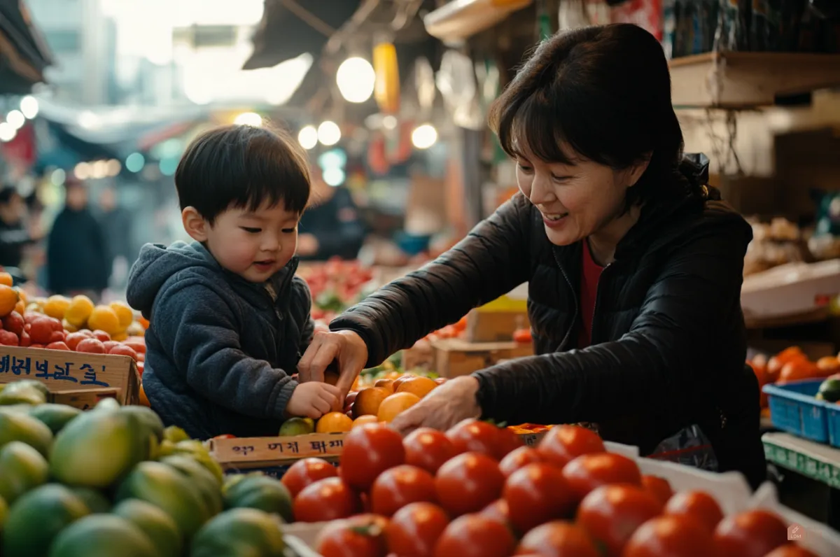 전통시장에서-아이와함께-과일을-고르는-한국인-여성-01