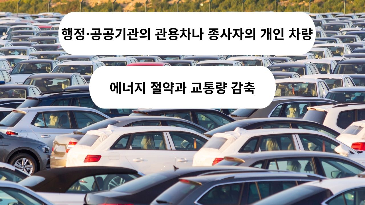 차가 가득한 주차장을 배경으로 '행정, 공공기관의 관용차나 종사자의 개인 차량', '에너지 절약과 교통량 감축' 문구가 강조된 이미지
