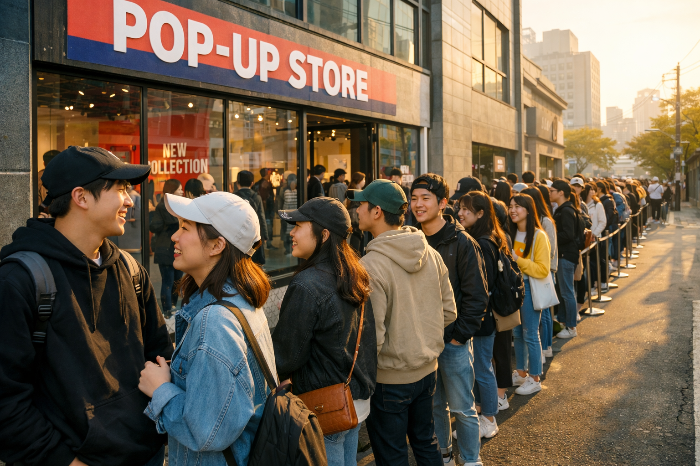 인기 인형 키링 브랜드 팝업 스토어 입장을 위해 줄을 선 오픈런 인파.