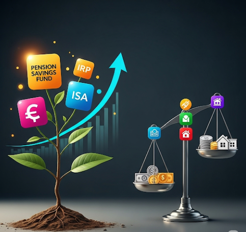 연금저축펀드, IRP, ISA 계좌를 상징하는 아이콘과 함께 돈이 세금 없이 불어나는 모습을 표현한 이미지. 자산 배분과 리밸런싱을 나타내는 균형 잡힌 저울 또는 포트폴리오 다이어그램이 함께 시각화되어 있습니다
