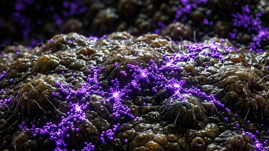 두꺼비 피부 표면의 공생 미생물 군집을 형상화한 미시 세계 이미지