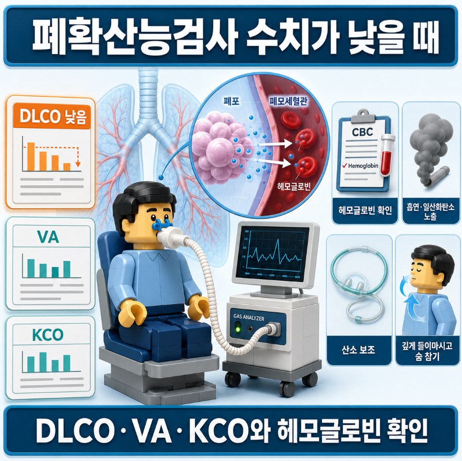 폐확산능검사를 받는 환자와 DLCO·VA·KCO 및 검사 조건을 보여주는 의료 인포그래픽