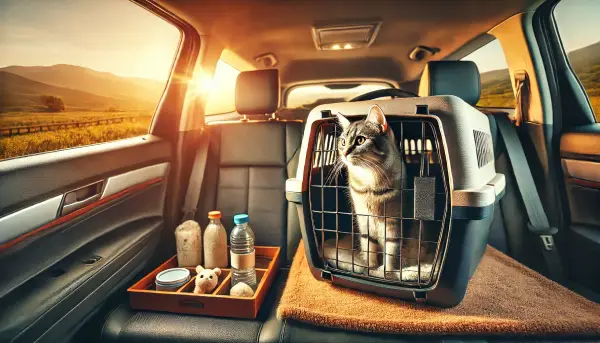 자동차 뒷좌석의 이동장 안에서 창밖을 바라보는 호기심 많은 고양이와 정돈된 여행 필수품