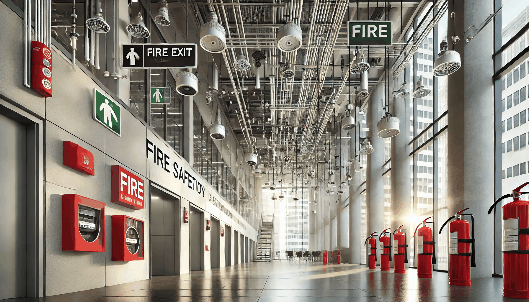 현대적인 건물 내 소방 설비와 안전 장치들이 잘 갖춰진 안전한 환경을 보여주는 이미지