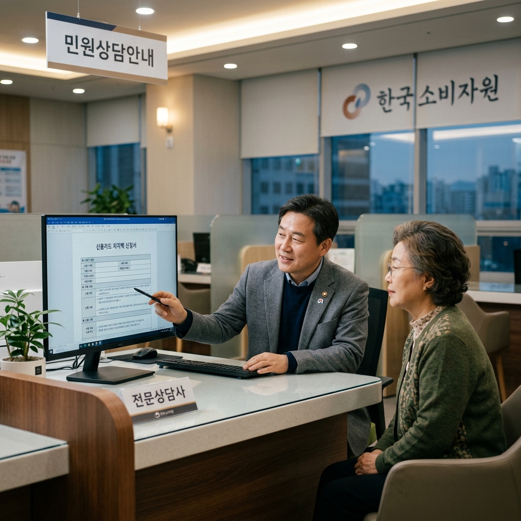 한국소비자보호 가이드라인에 따라 대형 유통업체 파산 피해 구제 접수를 준비하는 한국인 상담 현장