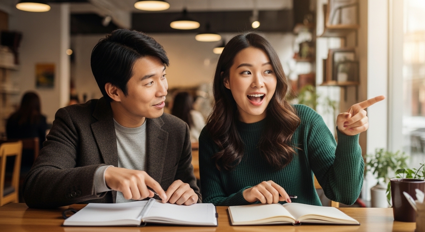 서로 다른 MBTI 유형의 두 친구가 카페에서 즐겁게 대화하고 있다. 서로의 차이를 이해하고 존중하며 긍정적인 관계를 유지하는 모습을 보여준다.