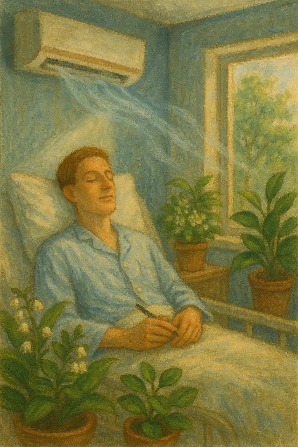 깨끗하게 셀프 청소된 벽걸이 에어컨에서 나오는 상쾌한 바람과 함께 편안하게 휴식하는 사람의 모습