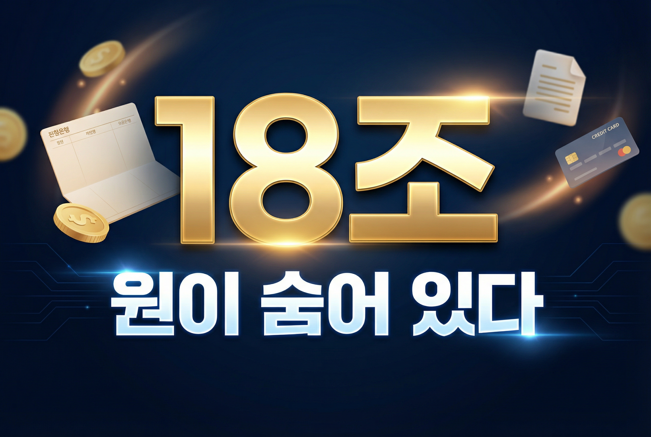 18조 원이 숨어 있다라는 문구가 크게 강조된 금융 인포그래픽 썸네일로, 어두운 배경 위에 금빛 숫자 18조가 중심에 배치되고 예금통장, 신용카드, 보험서류 아이콘이 함께 표현된 숨은 금융자산 안내 이미지