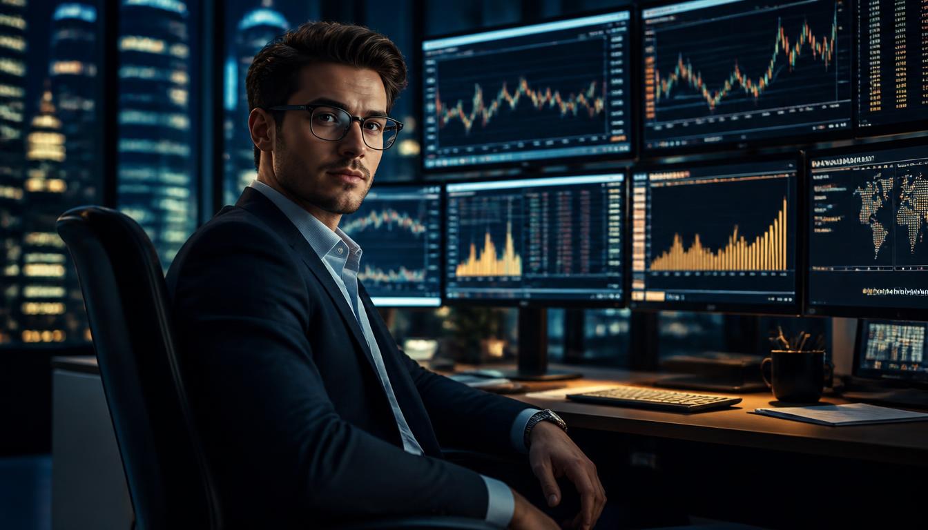 A young financial analyst working with complex market data on multiple screens in a dark modern office.