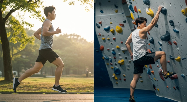 러닝과 클라이밍 운동을 병행하는 한국인 남성