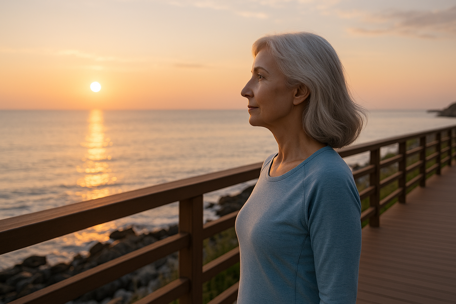 해운대 해변 산책로에서 아침 걷기 운동을 하며 일출을 바라보고 있는 중년 여성의 모습 이미지