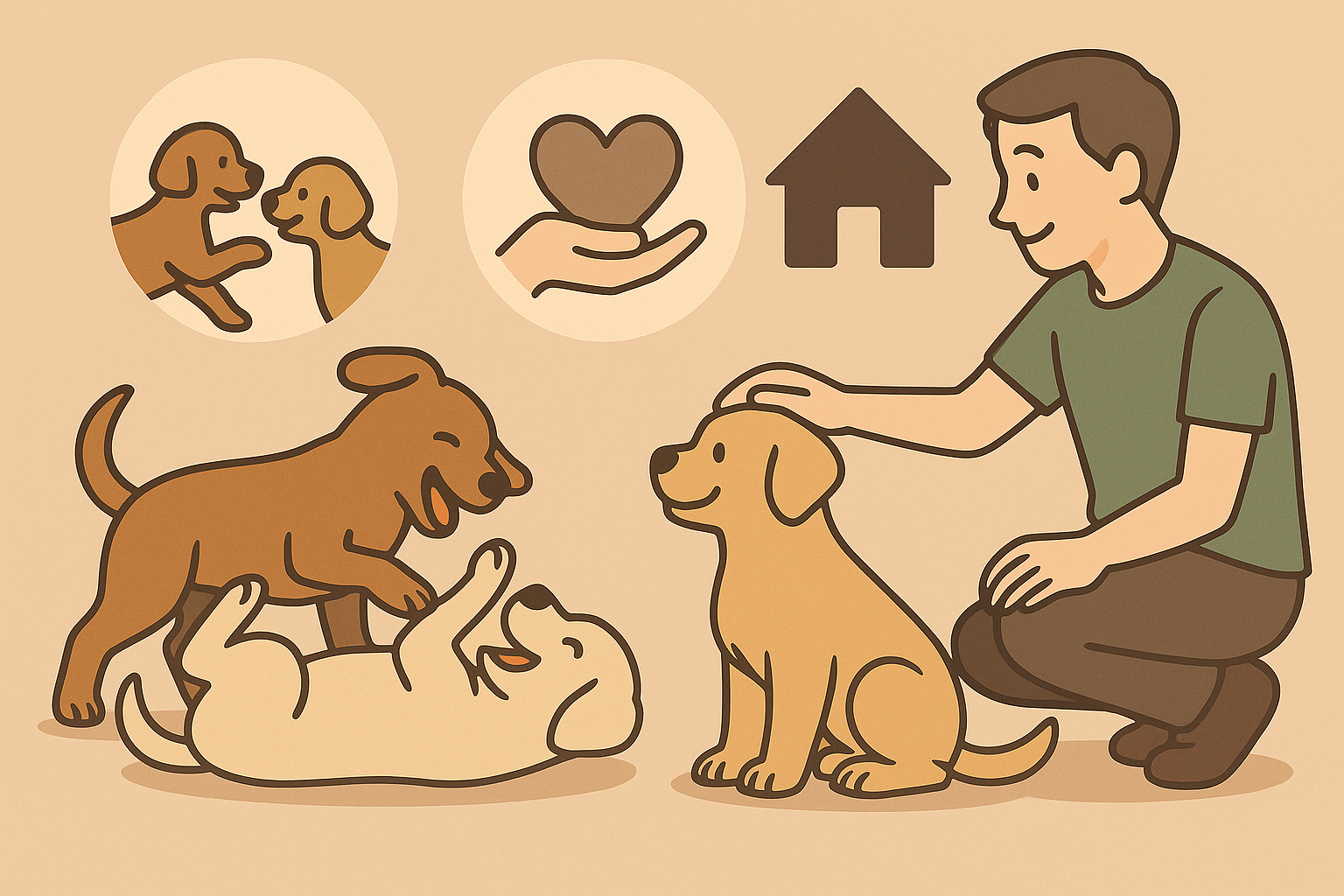 강아지를 입양하고 사랑으로 돌보는 과정을 따뜻하게 표현한 일러스트입니다. 사람은 강아지를 쓰다듬으며 애정을 보여주고, 강아지들은 서로 즐겁게 놀고 있습니다. 배경에는 '우정', '사랑', '집'을 상징하는 아이콘이 있어 반려동물에게 안정적인 보금자리와 사랑이 중요하다는 메시지를 전합니다.