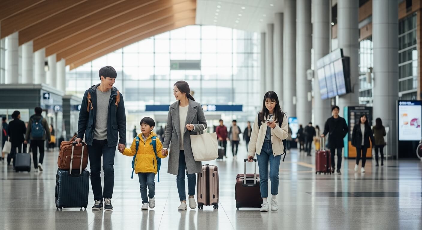 가족이 여행 가방을 끌며 기차역 내부를 이동하는 장면
