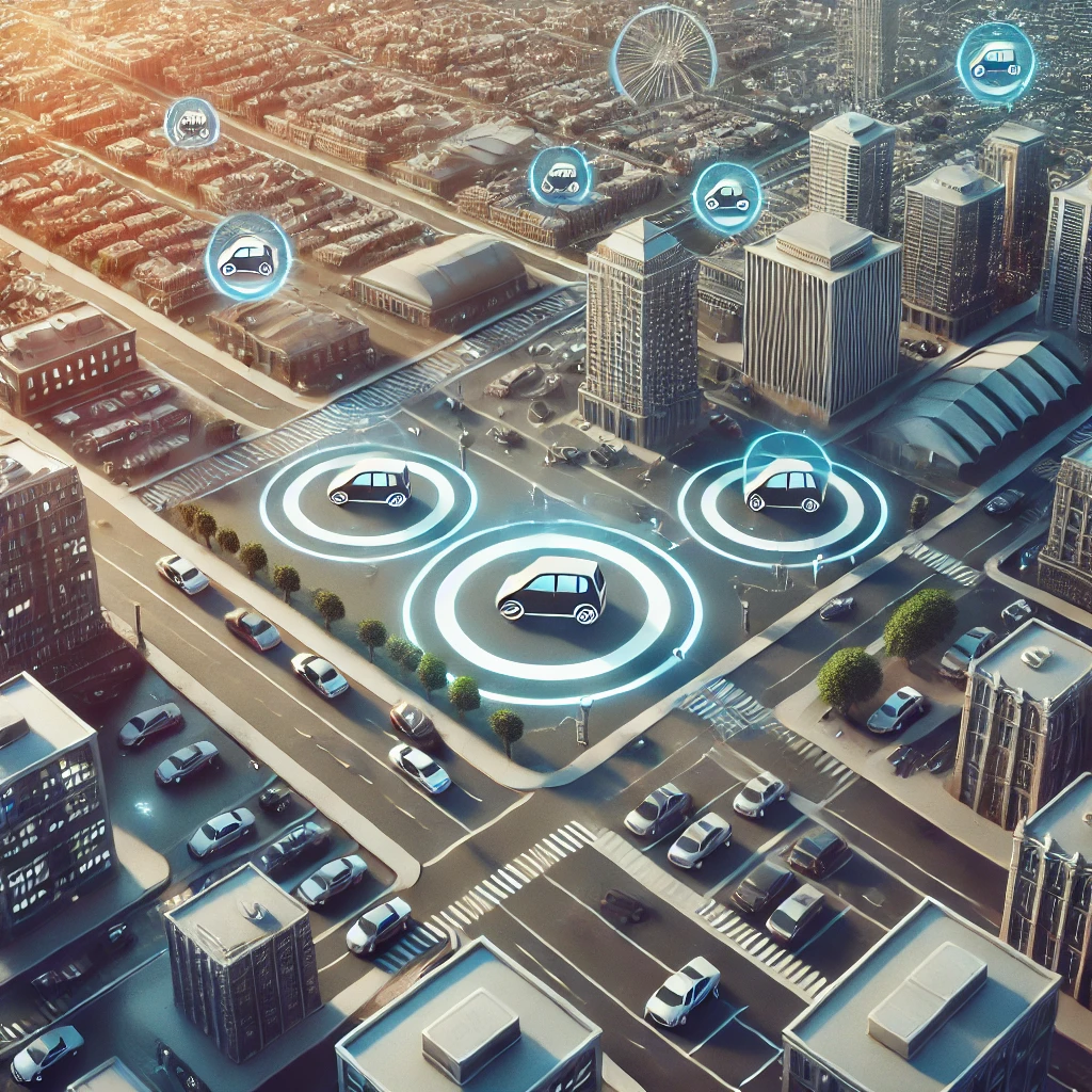 도심과 교외 지역에 전략적으로 위치한 다수의 차량 공유 허브가 있는 도시 경관. 접근성과 광범위한 서비스 범위가 강조된 장면