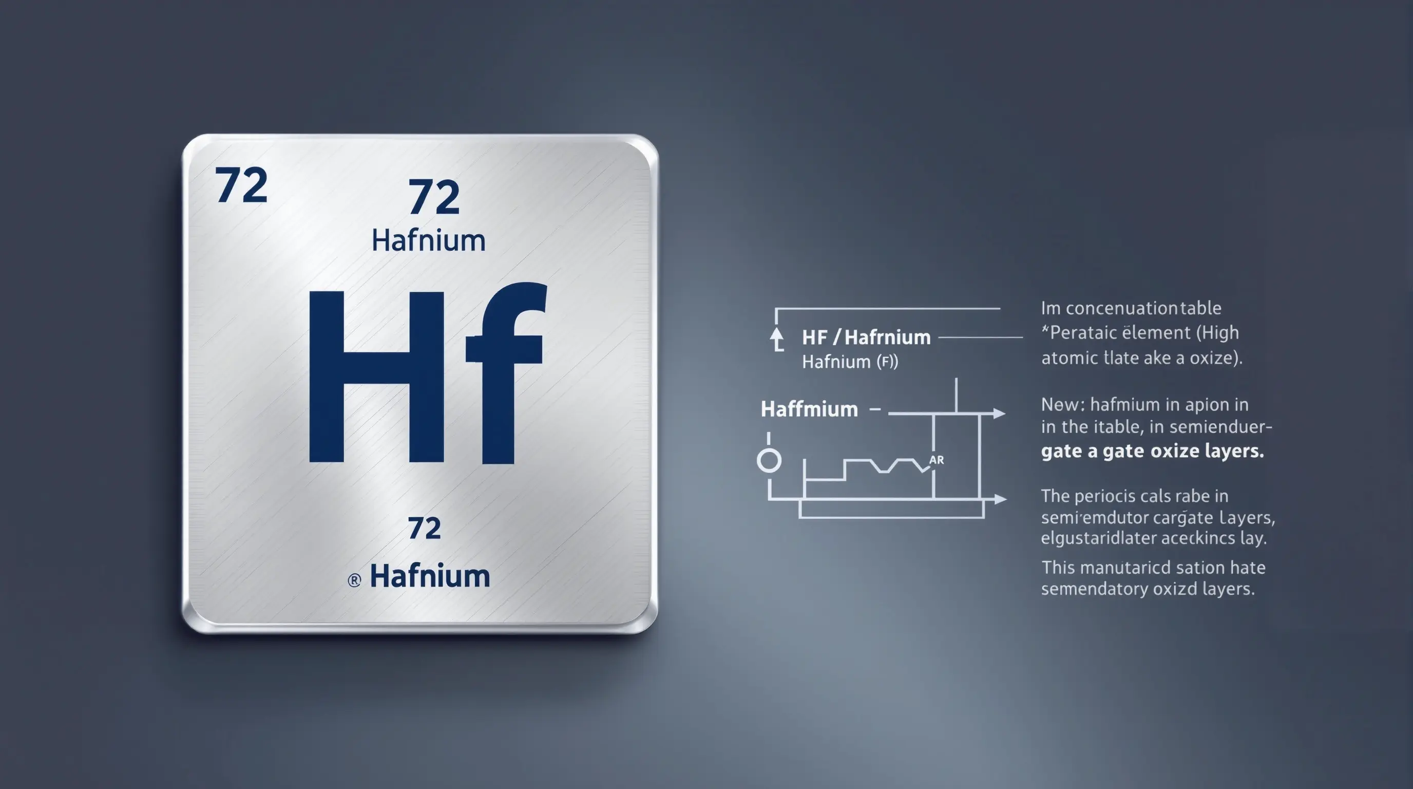하프늄(Hf)의 원소 정보와 반도체 게이트 절연막 구조를 함께 보여주는 교육용 인포그래픽 이미지